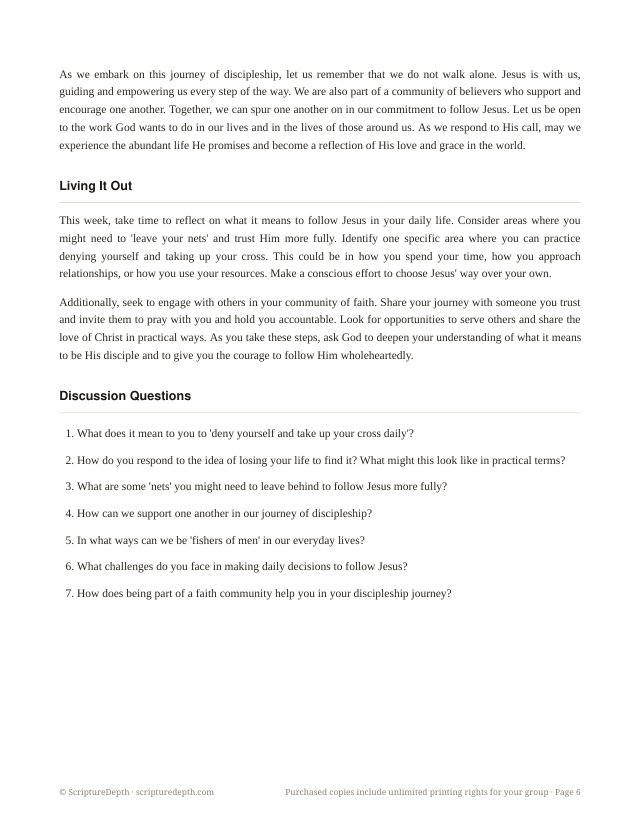 Following Jesus Daily: A 12-Session Discipleship Foundations Study, a page of discussion questions