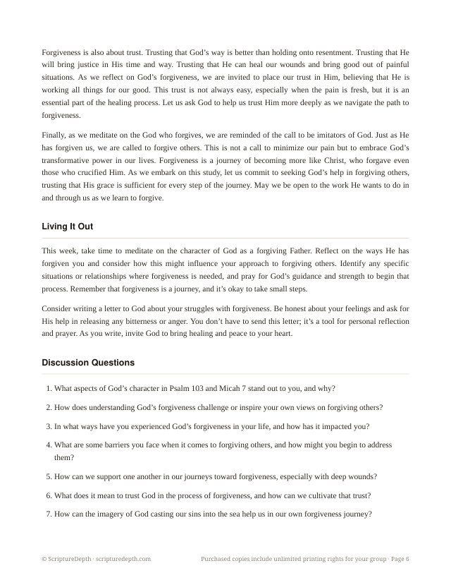 The Path to Forgiveness: A 10-Session Study for Healing Deep Wounds, a page of discussion questions