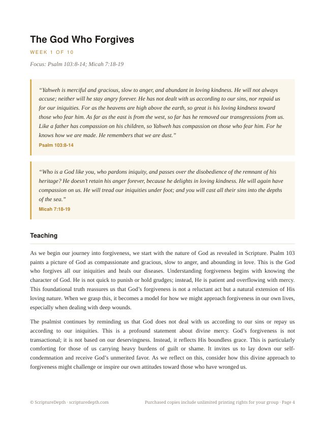 The Path to Forgiveness: A 10-Session Study for Healing Deep Wounds, the opening page of week 1
